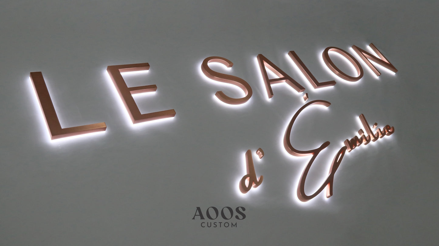 Custom LED Backlit Letters, Halo Lit Illuminated Metal Sign With Backlight, Brushed Rose Gold Finish