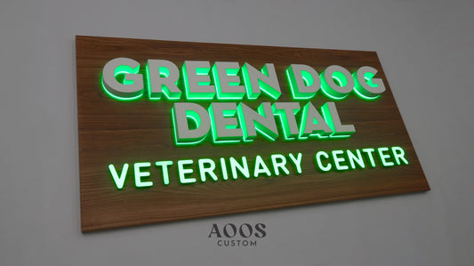Custom LED Backlit Letters, Halo Lit Illuminated Metal Sign With Backlight, Mounted on Wood-Grain Backing