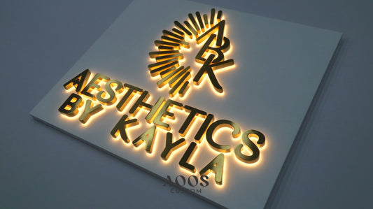 Custom LED Backlit Metal Letters, Halo Lit Illuminated Logo Sign With Backlight, Brushed Gold
