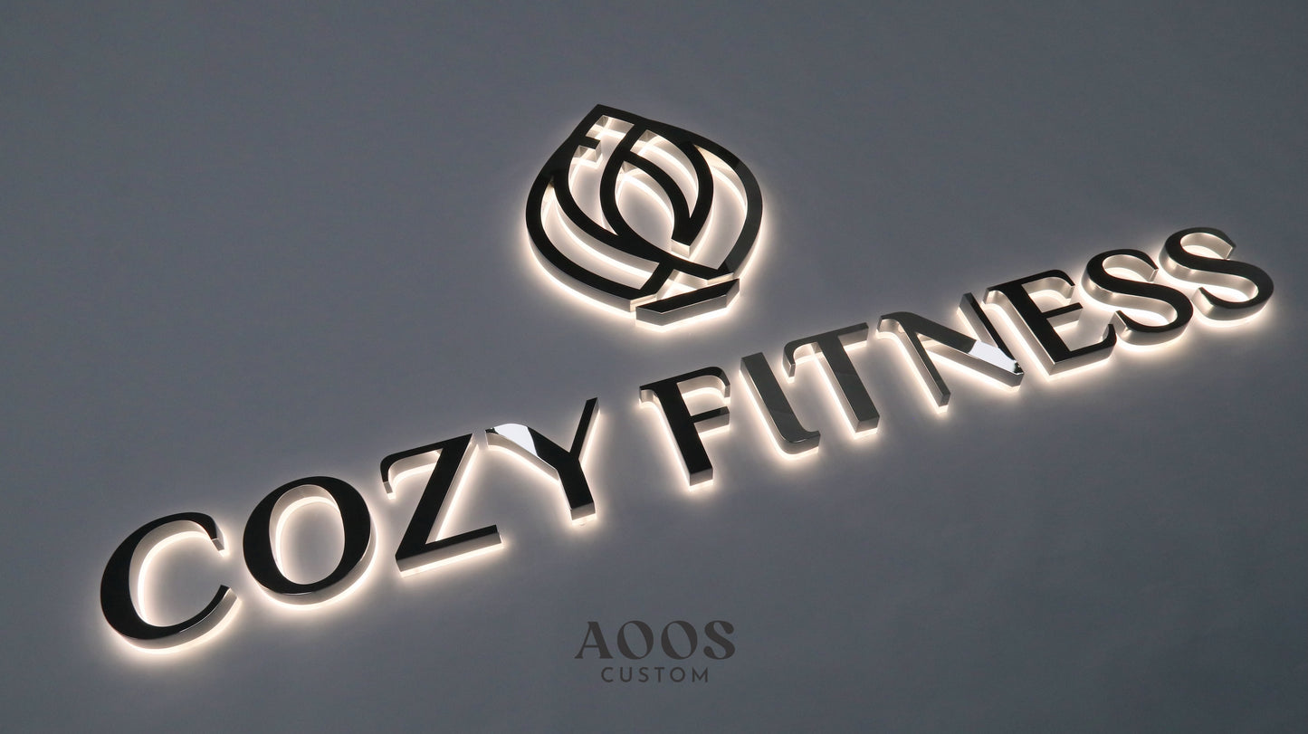 Custom LED Backlit Script Letters, Halo Lit Illuminated Metal Sign With Backlight, Mirror Silver Stainless Steel Finish and Soft Halo Glow