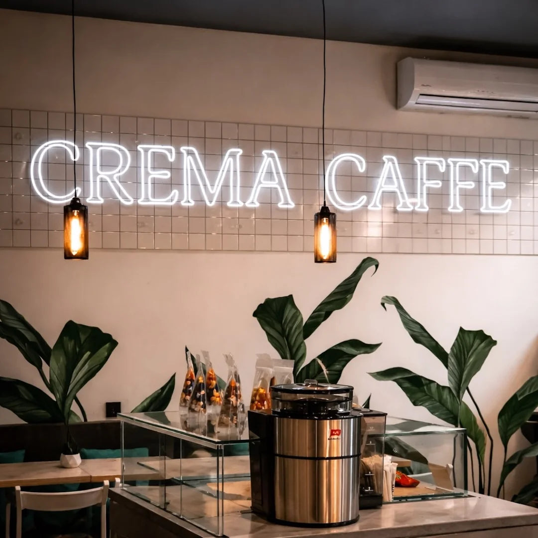 Custom LED flex neon signs mounted on metal mesh, featuring flexible LED neon tubing shaped into custom text, names, logos, or graphic designs and secured to a metal mesh panel. The sign uses illuminated silicone or PVC flex neon strips to create smooth neon style lines with a consistent front facing glow. The visible layout can be formed as script lettering, block letters, single line wording, multi line text, or logo based compositions depending on the custom design.