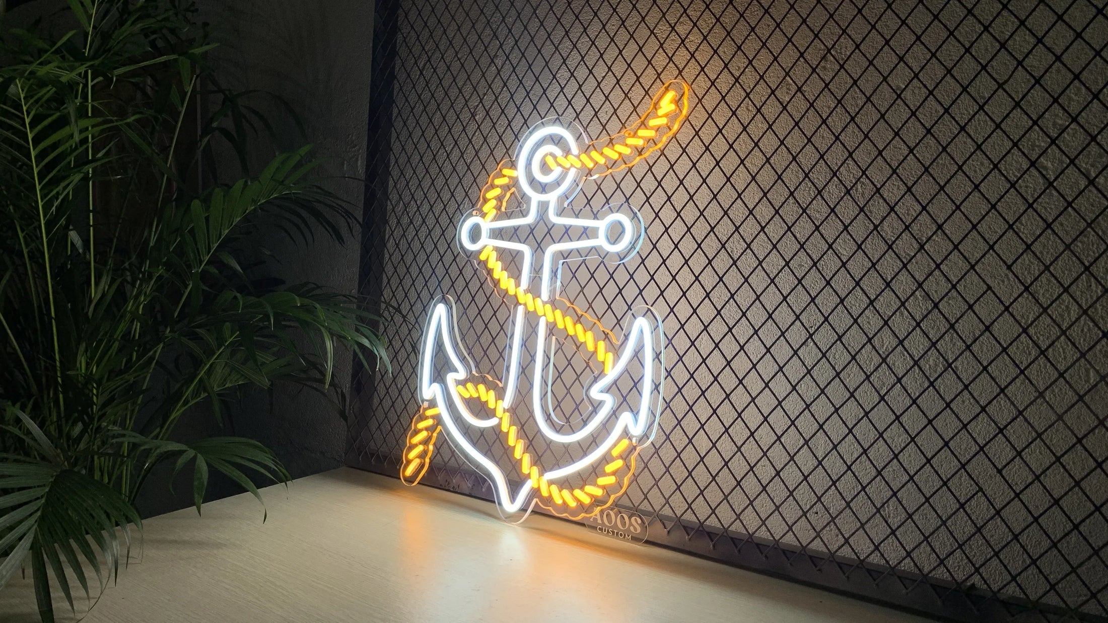 Custom LED neon anchor sign with white and amber rope design, handmade by AOOS