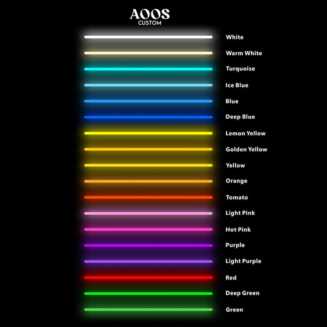 Custom LED neon color chart with 16 vibrant options for personalized light up signs