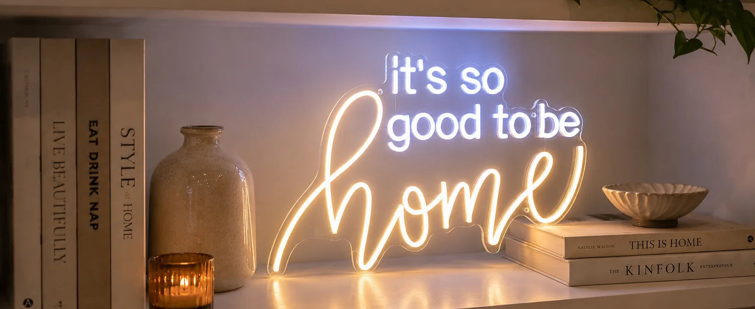 Custom LED neon sign lit on a shelf, LED tube mounted on a clear acrylic backboard cut to the sign outline