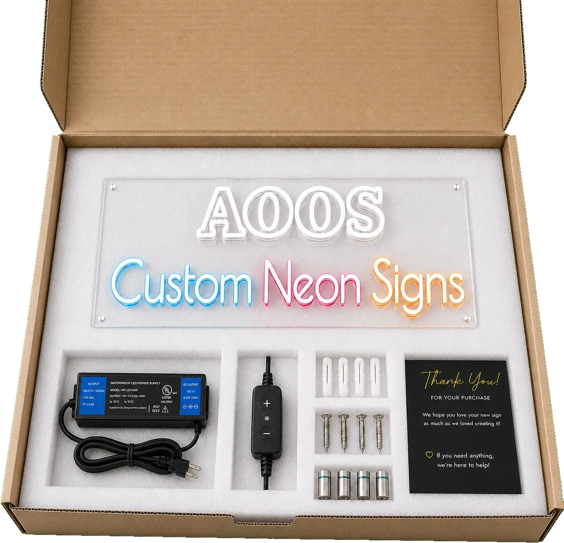 Custom LED neon sign packed in a foam-lined box with power supply, dimmer, standoffs and mounting hardware