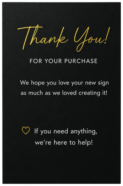 Handwritten thank-you card packed with every AOOS custom neon sign