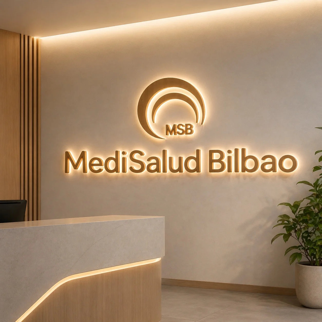 Custom lobby channel letter sign installed on a modern reception wall, featuring dimensional wood-grain letters with warm white halo backlighting. The illuminated sign is mounted on a clean neutral wall in a contemporary office lobby, creating a premium architectural look with soft ambient lighting, a reception desk, and minimalist interior styling.