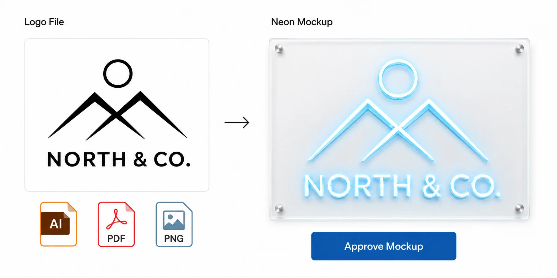 Custom logo neon sign mockup — upload your logo, approve the neon design