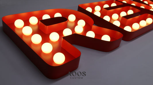 Custom Marquee Bulb Letters, Oversized Metal Marquee Sign with Globe Bulbs for Events, Retail Displays & Storefront Branding