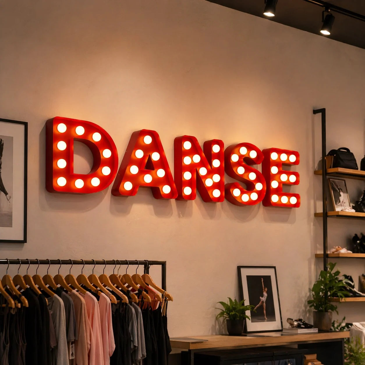 Custom red marquee bulb letters with exposed warm white bulbs on an interior retail wall