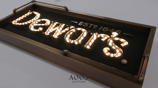 Custom Metal Marquee Sign, Vintage Open Face Bulb Lit Channel Letters in Brushed Antique Bronze Finish for Bars, Restaurants and Retail Wall Decor