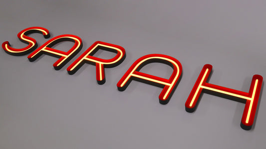 Custom Open Face Exposed Channel Letters with LED Neon Lighting, Personalized Metal Business Sign, Black Exterior and Red Interior, Matte Color Finish