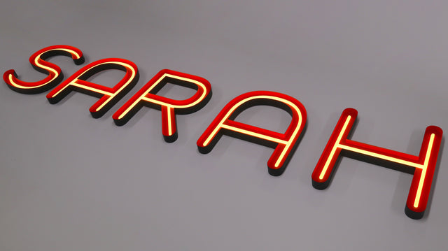 Custom Open Face Exposed Channel Letters with LED Neon Lighting, Personalized Metal Business Sign, Black Exterior and Red Interior, Matte Color Finish