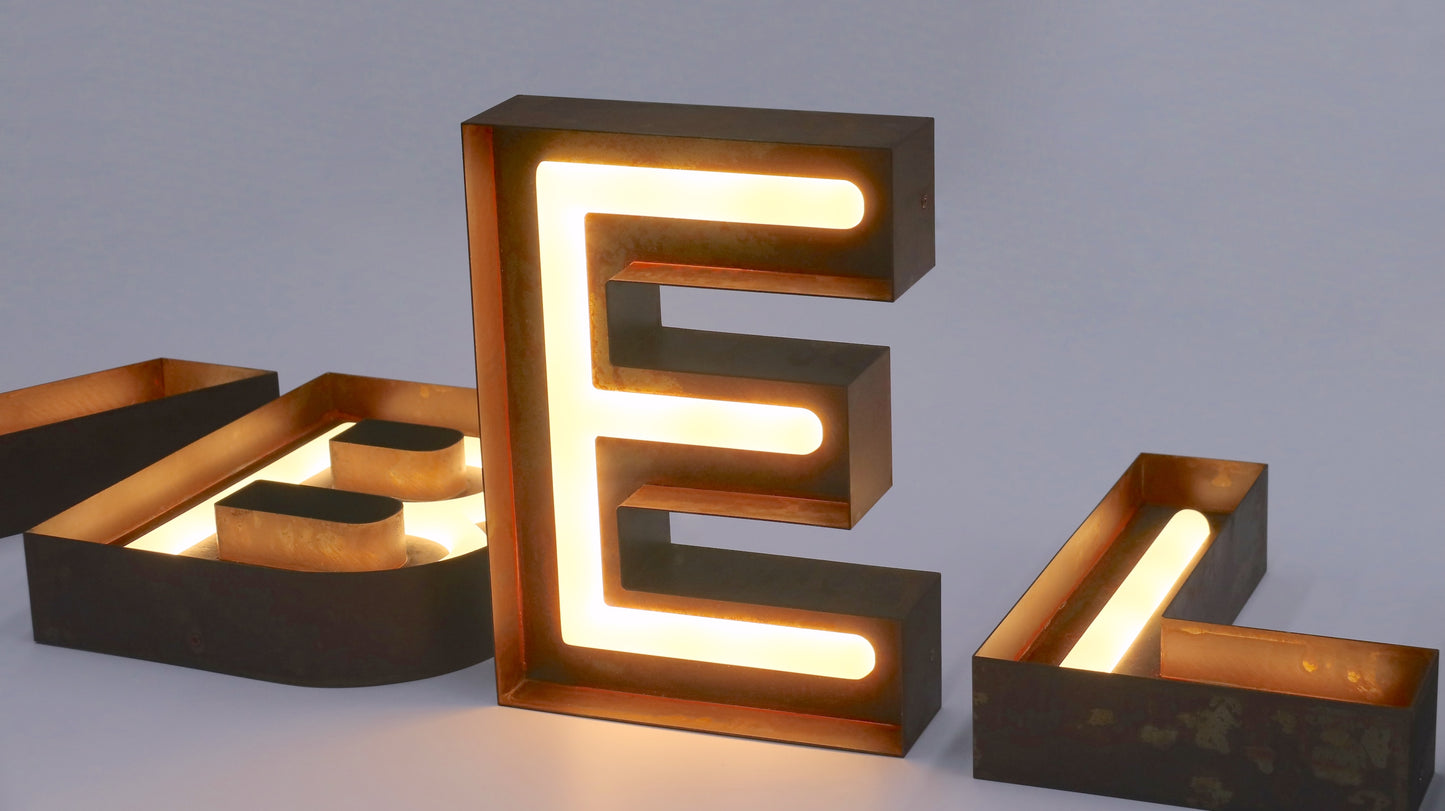 Custom Open Face Exposed Channel Letters with LED Neon Lighting, Personalized Metal Business Sign, Rusted Vintage Metal Finish