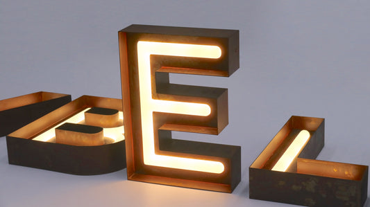 Custom Open Face Exposed Channel Letters with LED Neon Lighting, Personalized Metal Business Sign, Rusted Vintage Metal Finish