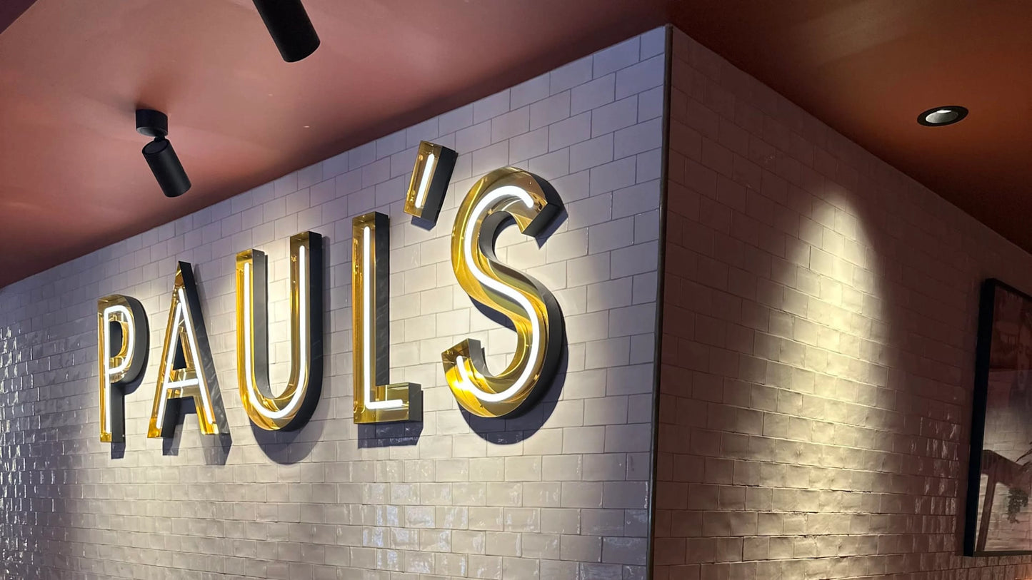 Custom Open Face Exposed Channel Letters with LED Neon Lighting, Personalized Metal Business Sign, Gold Gloss Finish