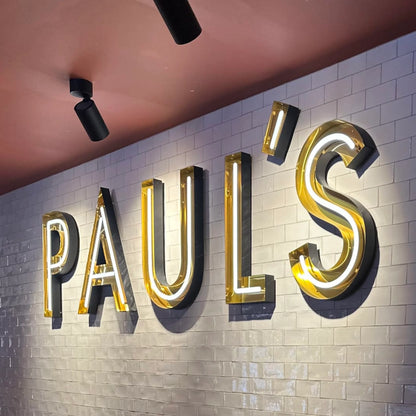 Custom Open Face Exposed Channel Letters with LED Neon Lighting, Personalized Metal Business Sign, Gold Gloss Finish