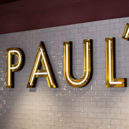 Custom Open Face Exposed Channel Letters with LED Neon Lighting, Personalized Metal Business Sign, Gold Gloss Finish