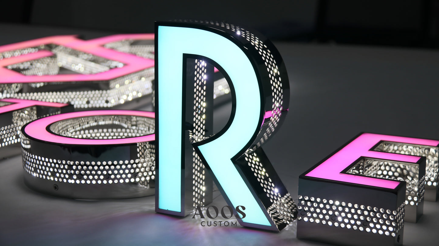 Custom Perforated Metal LED Channel Letters, Front-Lit Acrylic Face and Side Glow Lighting, Indoor Outdoor Illuminated Signs