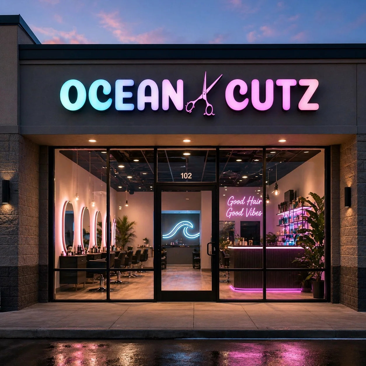 A custom RGB front lit LED channel letters storefront sign designed for modern commercial exterior branding. The sign features bold 3D illuminated letters with durable metal returns and smooth acrylic faces, creating a clean, professional, and high-end appearance for retail businesses. The front-lit construction provides bright, even illumination across the letter faces, while the RGB LED lighting allows vibrant color-changing effects that improve visibility and enhance storefront appeal during both daytime