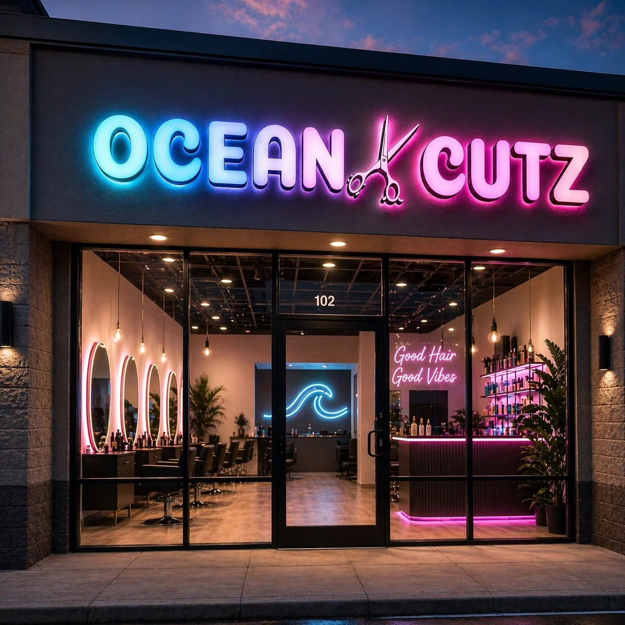 Custom LED channel letters for a hair salon storefront with aqua and pink illuminated signage