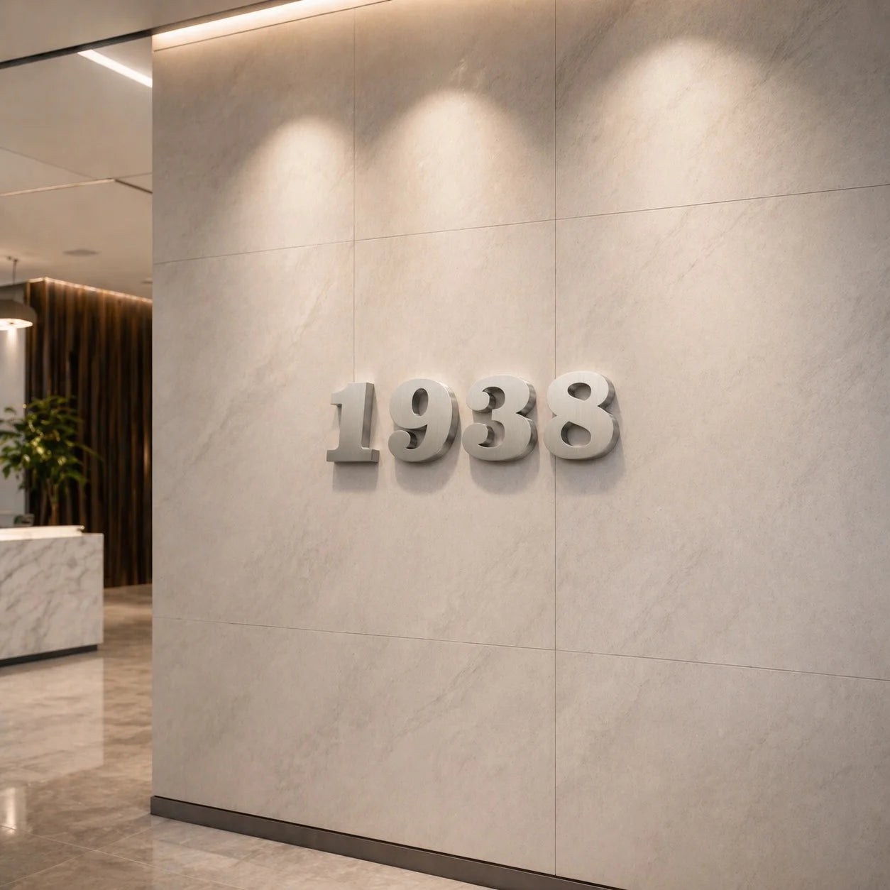 Custom stainless steel numbers mounted on a modern interior lobby wall. The dimensional metal numbers feature a clean satin finish, smooth rounded contours, and visible depth for a premium architectural signage look. The sign is installed on a light stone wall with soft overhead lighting that highlights the metallic texture and casts subtle shadows, creating a professional commercial interior presentation.