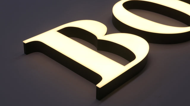Custom Trimless Front-Lit LED Channel Letters, Face Lit Outdoor Storefront Light Up Sign, Matte Black Returns