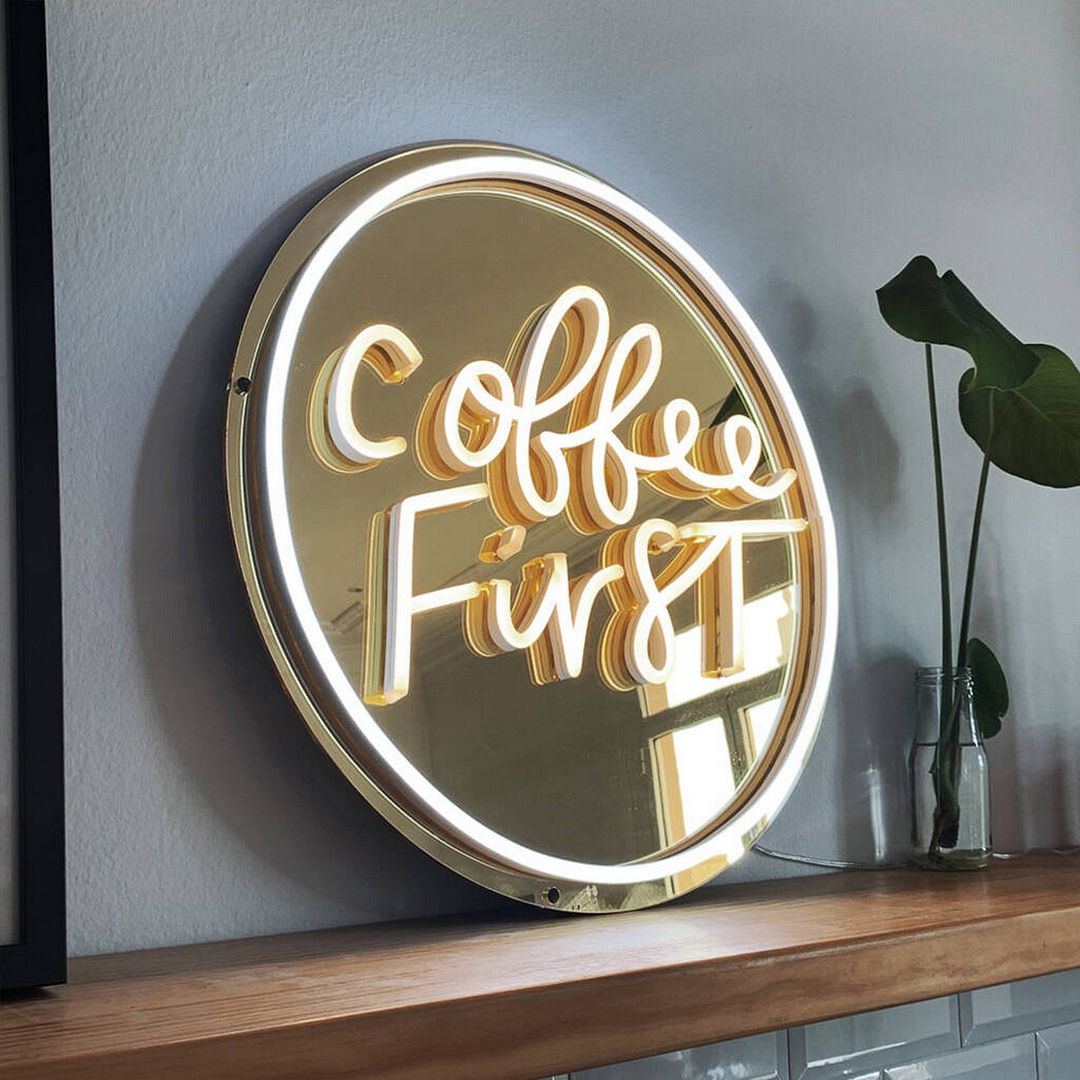 Coffee First Neon  Sign On Gold Acrylic