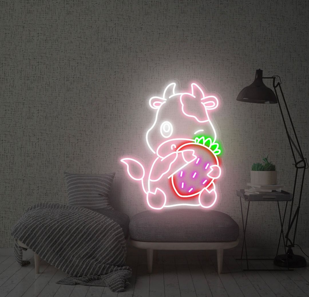 Cow with Strawberry Neon Sign