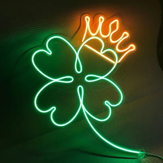 Crown and Four Leaf Clover Neon Sign
