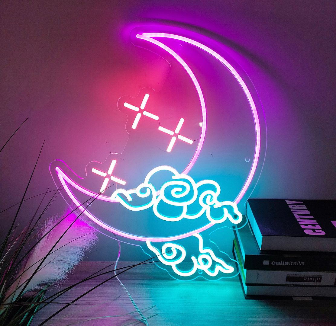 Half Moon with Stars and Clouds Neon Sign