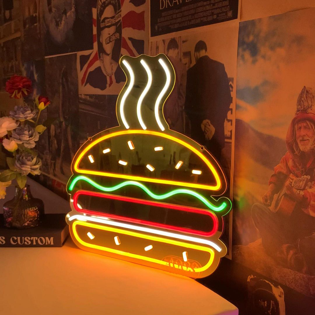 Burger Neon Sign Mounted on the Gold Mirror