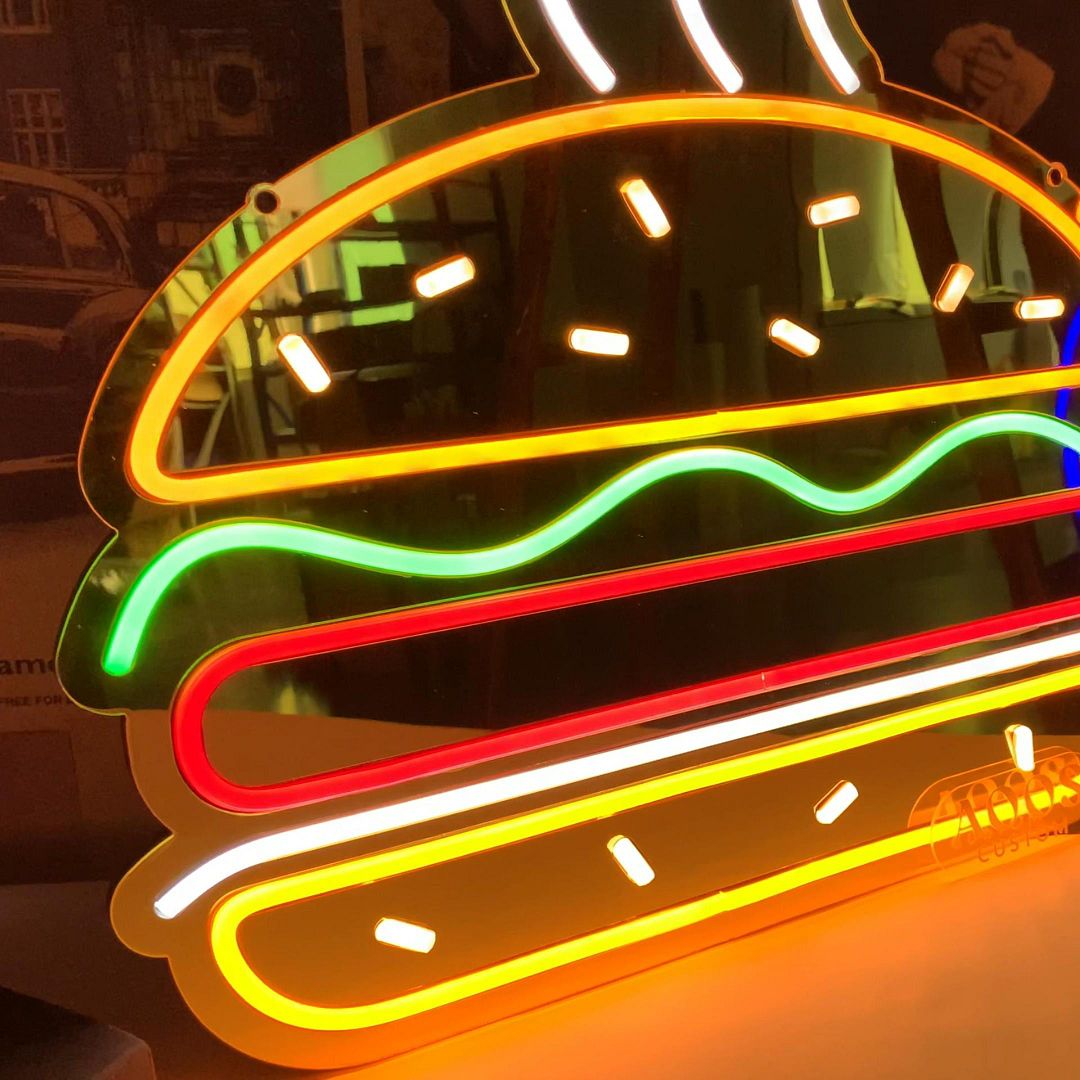 Burger Neon Sign Mounted on the Gold Mirror