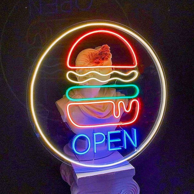 Hamburger Open LED Neon Sign for Storefront light up sign