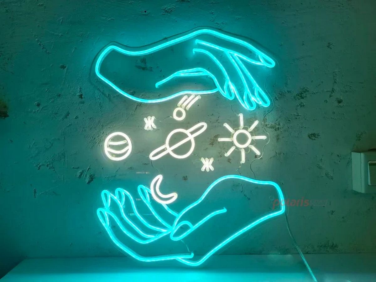 Hand and Galaxy Neon Sign