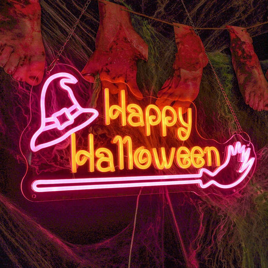 Happy Halloween Witch Broom Neon Sign