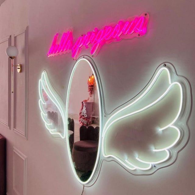 Hello Gorgeous Angel Wings Mirror LED Neon Sign for Salon light up sign