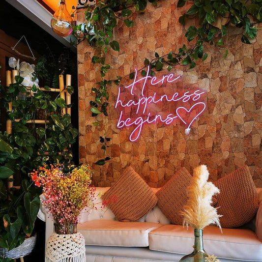 Here Happiness Begins Neon Sign