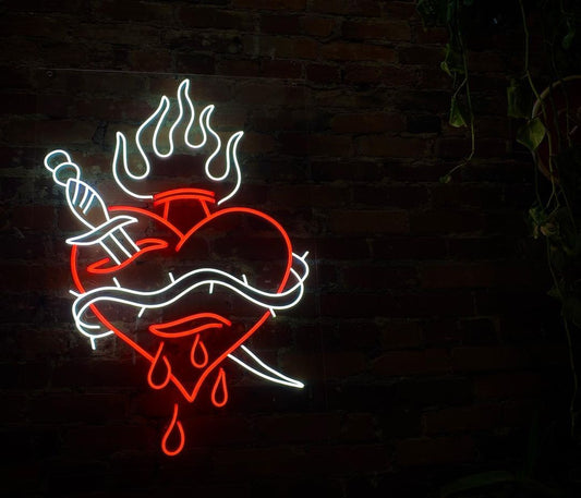 Knife in Heart Flames Neon Sign