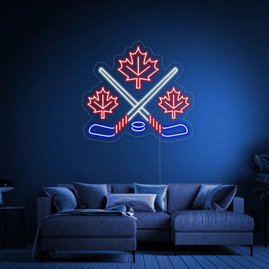 Maple Leaves With Crossed Hockey Neon Sign