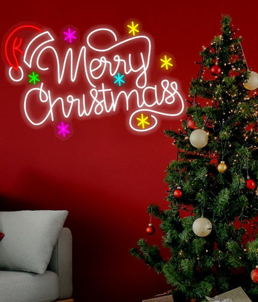 Merry Christmas with Stars and Santa Hat Neon Sign