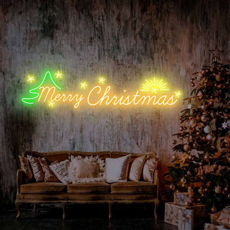 Merry Christmas with Tree and Stars Neon Sign
