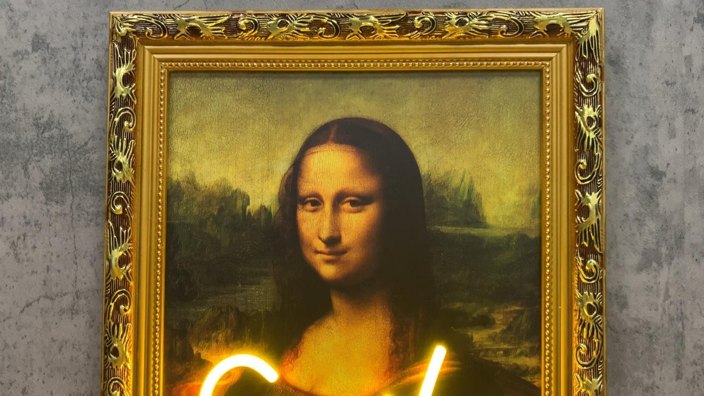 Mona Lisa's Smile Neon Sign, Mounted on the Screen Printed Oil Painting Backplane