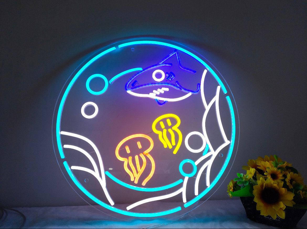 Ocean with Shark and Jellyfish Neon Sign