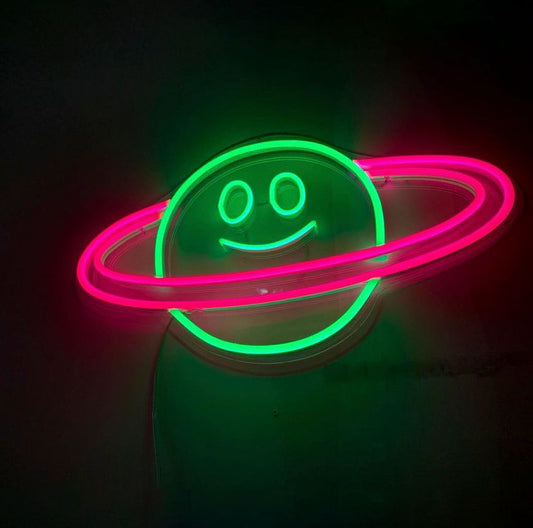 Planet Saturn Smiley Face Neon Sign