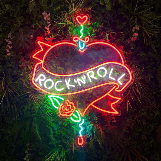 Rock N Roll Heart with Banner Neon Signs, Neon Lights, LED Neon Signs for Room, Bars Light Up Signs, Cool Neon Light Signs, Neon Wall Lights