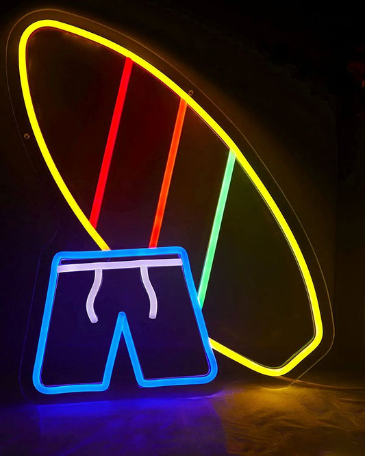 Shorts and Surfboard Beach Neon Sign