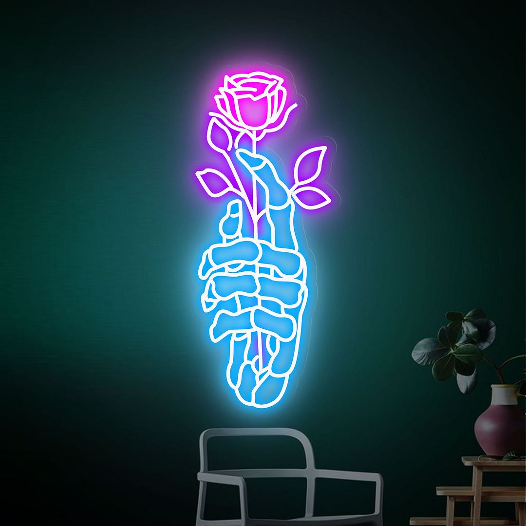Skeleton Hand Holding Rose Neon Sign