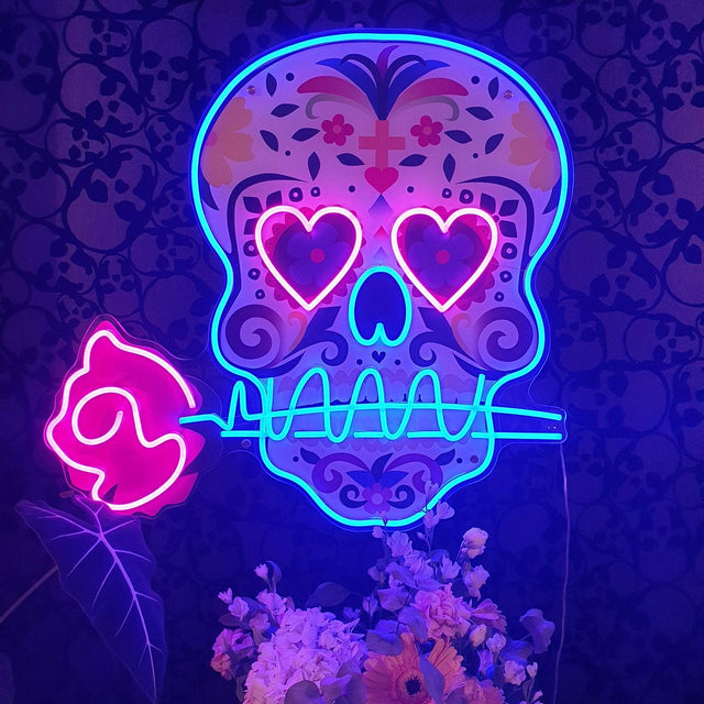 Skull Red Rose LED Neon Sign for Tattoo Studio light up sign