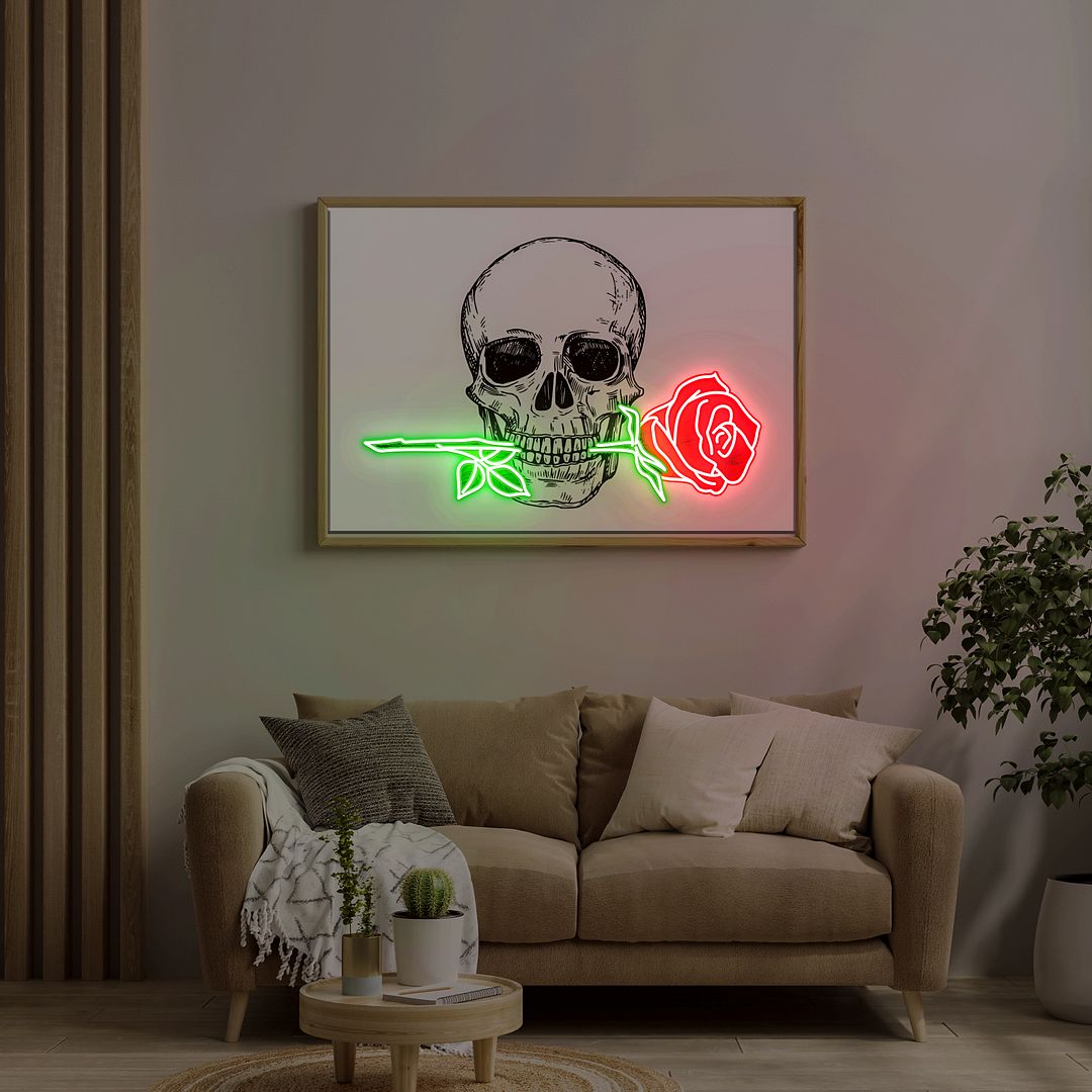 Skull With a Rose  Neon Sign